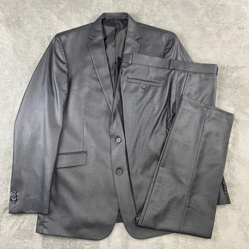 Kenneth Cole Reaction Suit Mens 44L 37W Grey 2-Piece Sheen 2-Button Double Vent